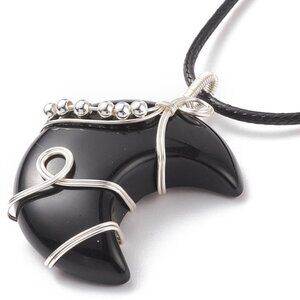NWOT  Beautiful Handmade Wire wrap Natural Obsidian Gemstone Moon Necklace